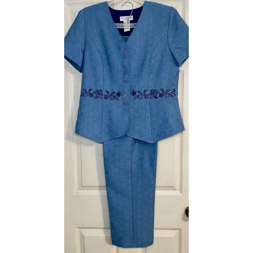 Vintage Sag Harbor Blue Sz12P 2 Piece Pant Set Button Short Sleeve Jacket